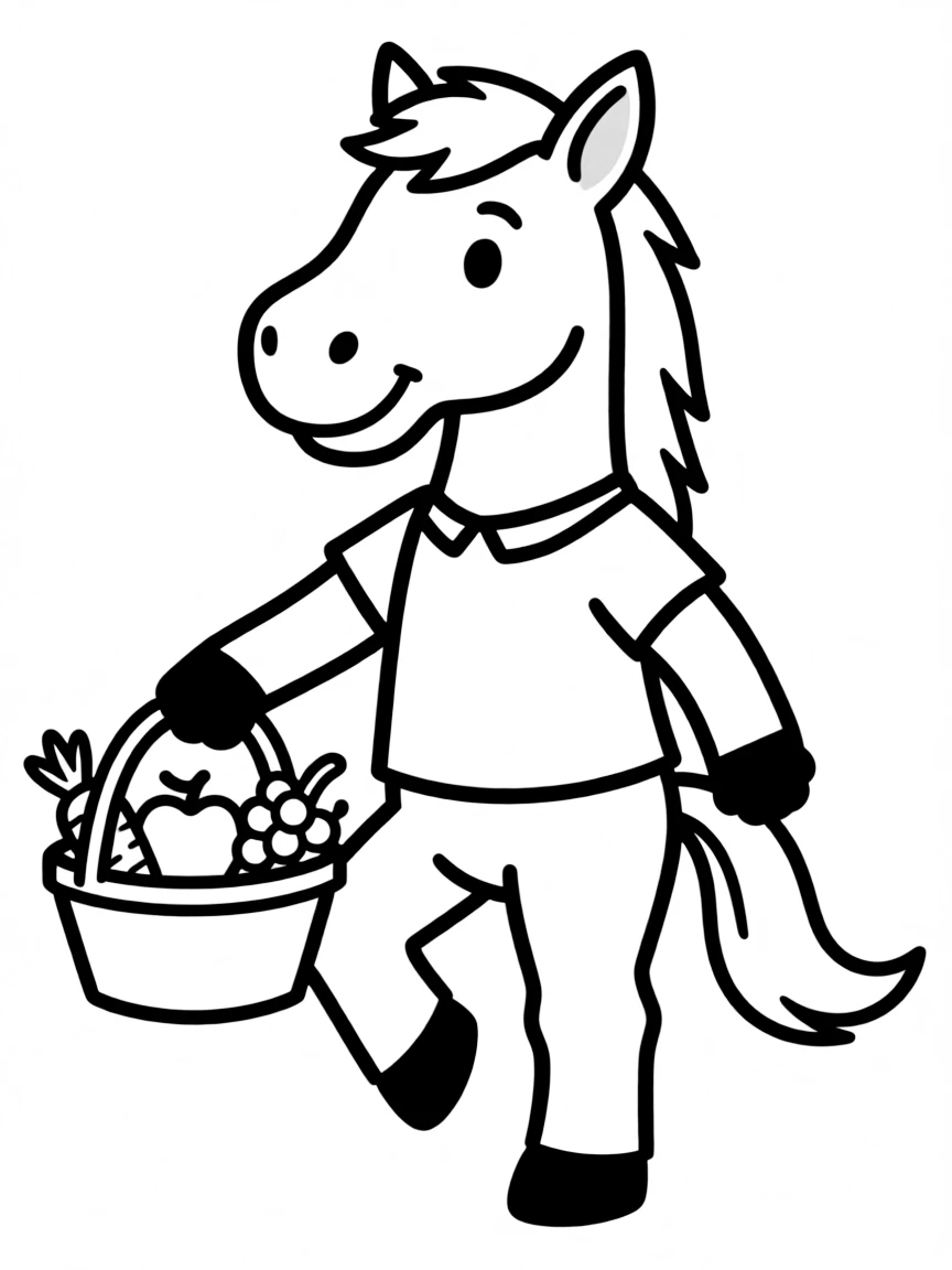 A horse shopping with a basket
