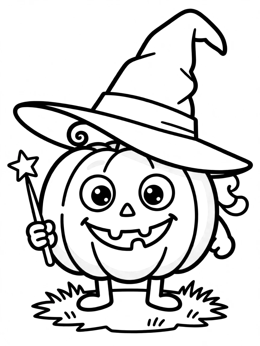 A whimsical pumpkin wearing a witch hat and holding a magic wand