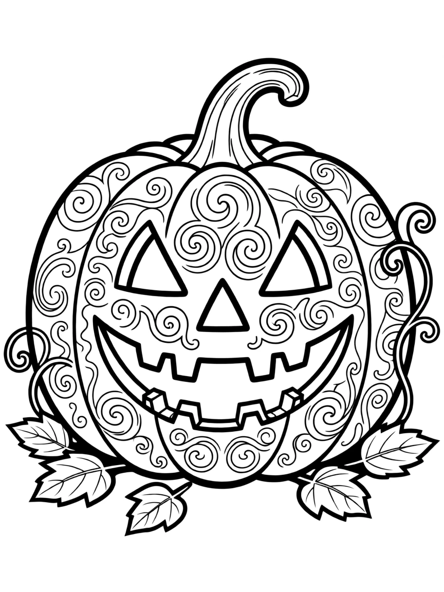 An elaborate jack-o'-lantern with intricate carved patterns and swirls