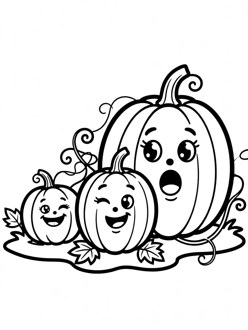 A family of pumpkins - tiny, medium, and large - with different faces