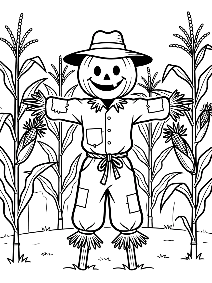 A pumpkin-headed scarecrow standing in a cornfield