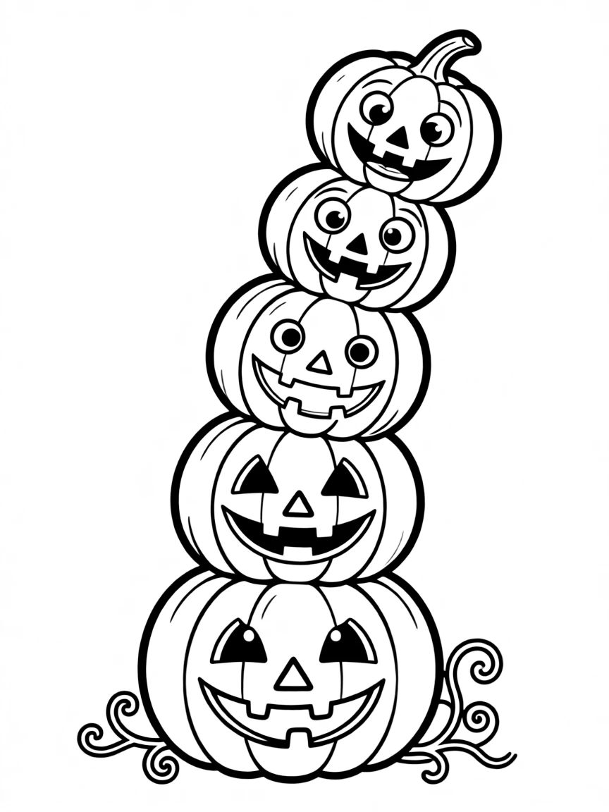 A tower of precariously balanced jack-o'-lanterns