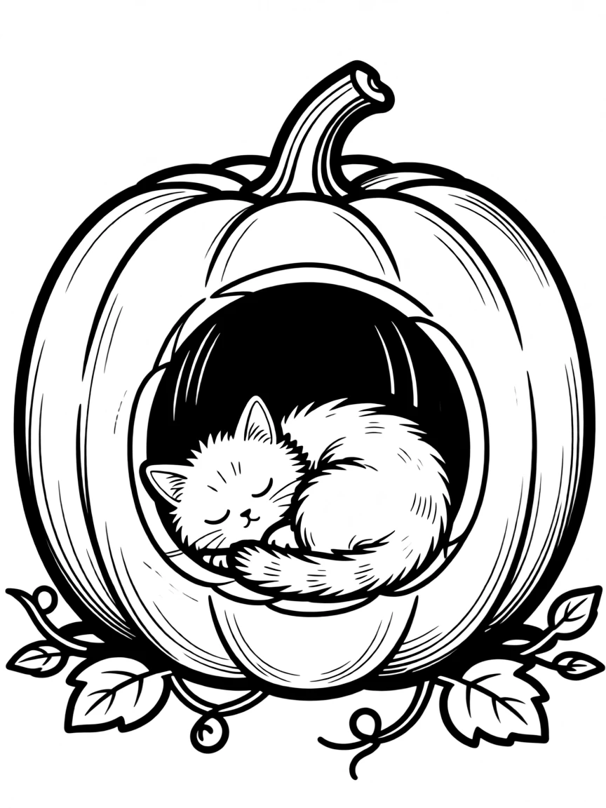 A cat sleeping inside a hollowed-out giant pumpkin