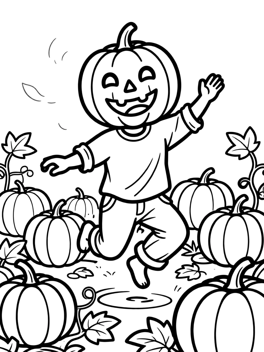 A pumpkin-headed figure dancing in a pumpkin patch