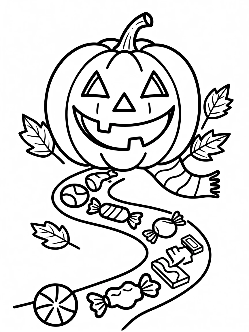 A trail of candy leading to a mischievous jack-o'-lantern