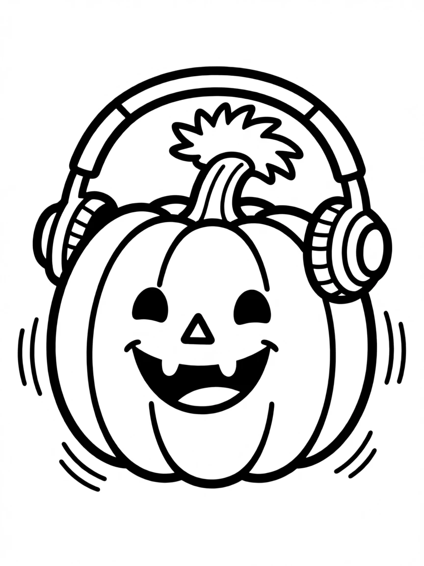 A pumpkin wearing headphones and bobbing to Halloween music