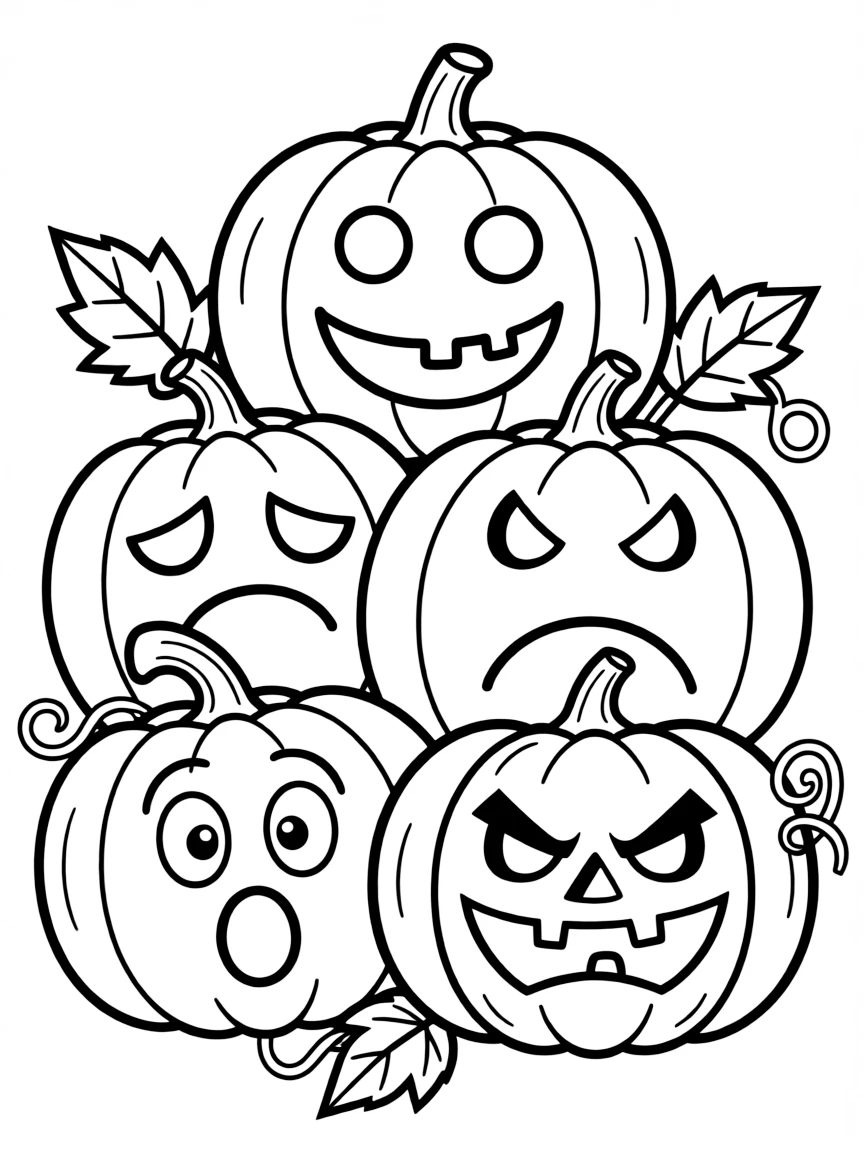 Jack-o'-lanterns of various emotions (happy, sad, surprised, angry)