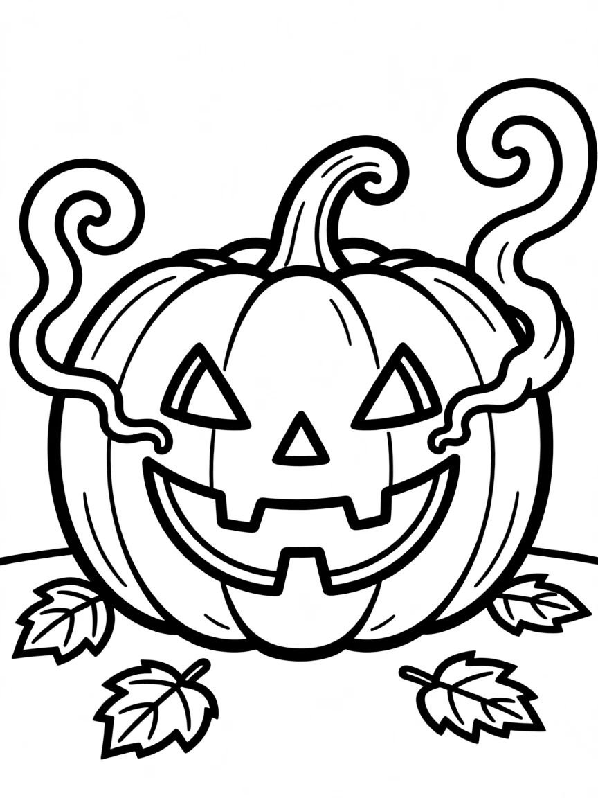 A jack-o'-lantern with smoke curling out of its eyes and mouth