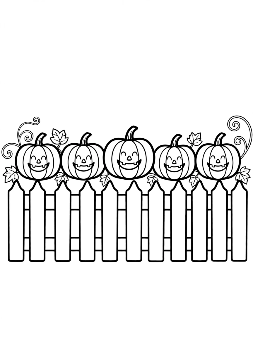 A row of pumpkins lined up on a picket fence