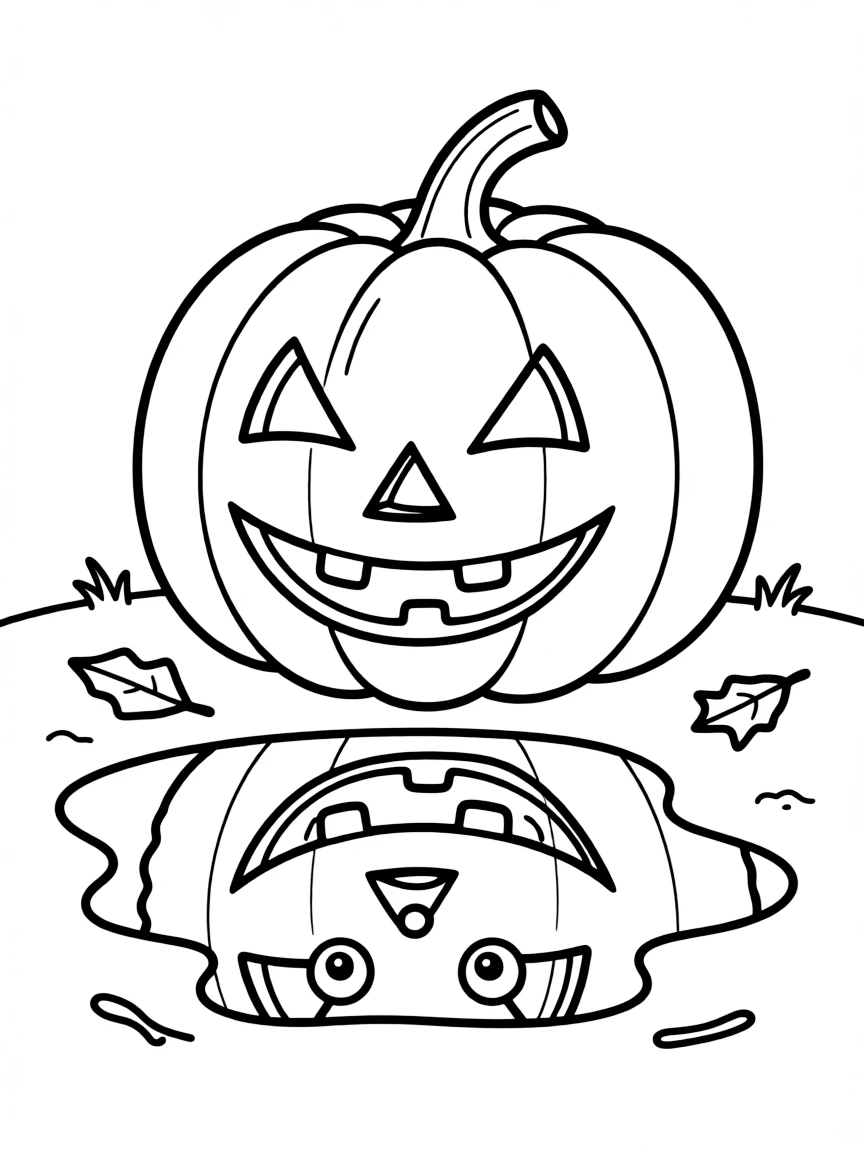 A jack-o'-lantern's reflection in a puddle showing a different face