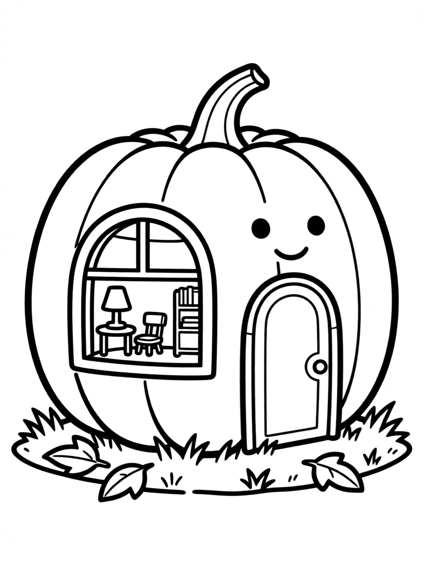 A pumpkin with a window carved into it showing a tiny room inside
