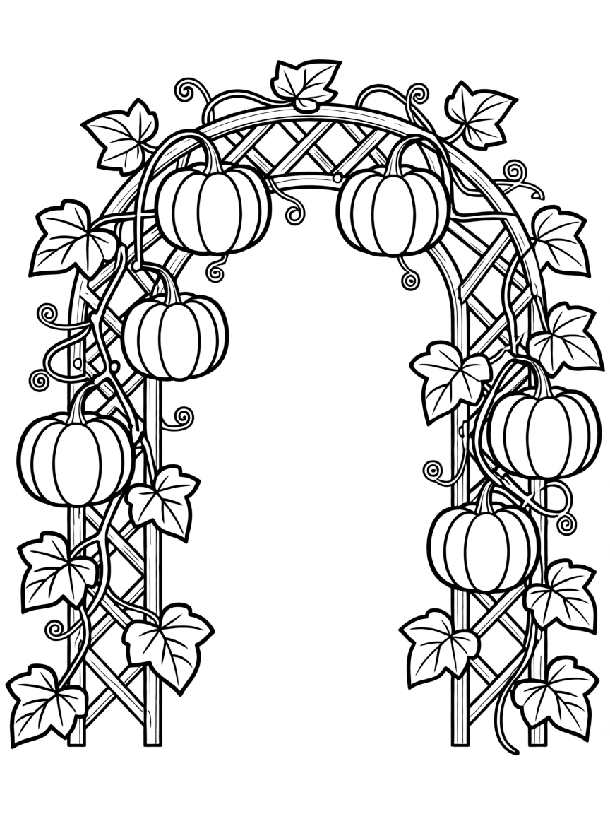 Pumpkins growing from a trellis forming an archway