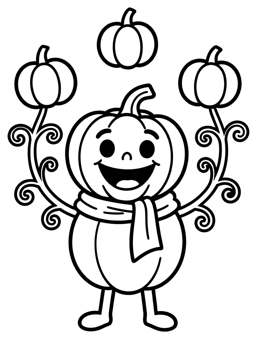 A pumpkin with vines for arms juggling smaller pumpkins