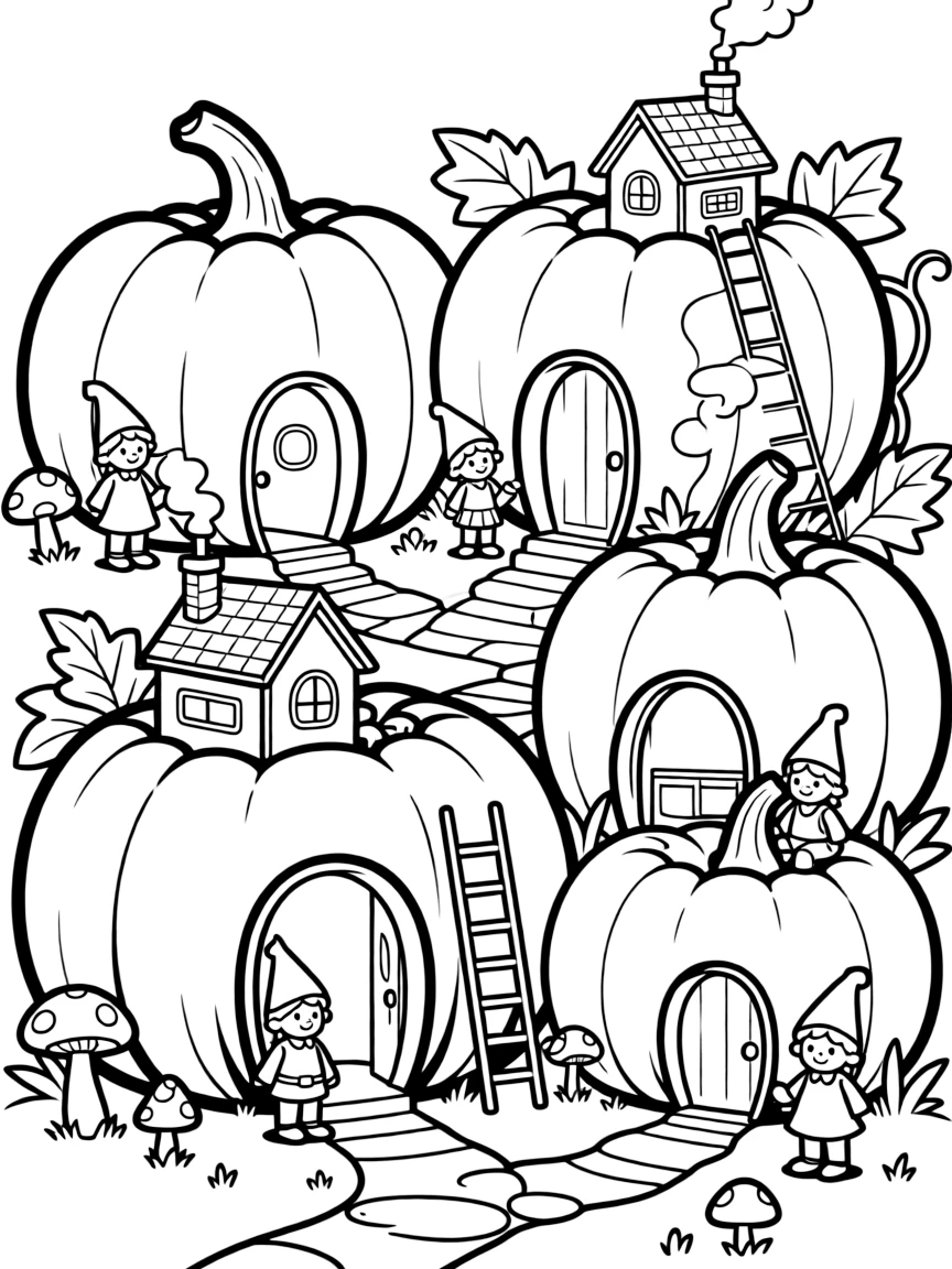 A gnome village built inside giant hollowed pumpkins