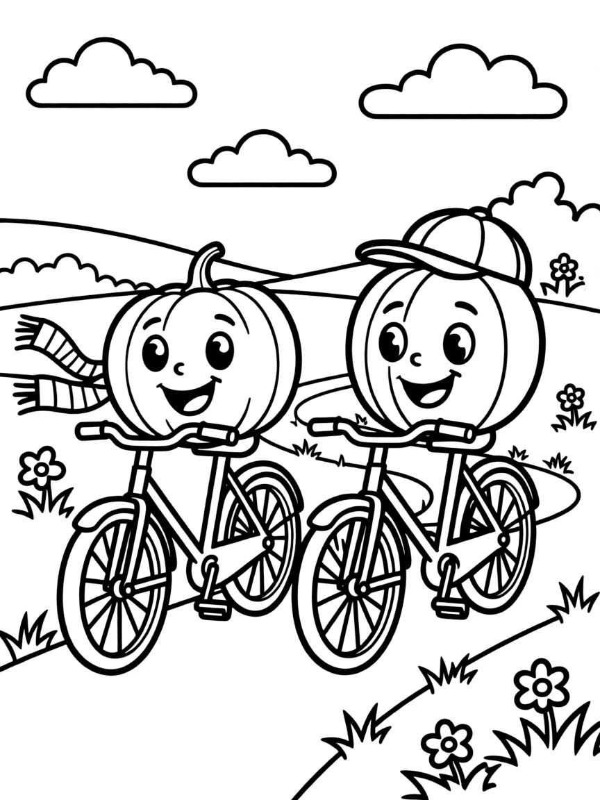 Pumpkins riding bicycles down a winding path