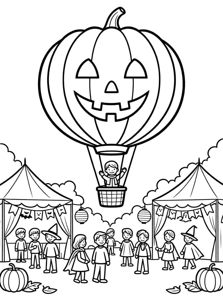 A pumpkin hot air balloon floating over a Halloween festival