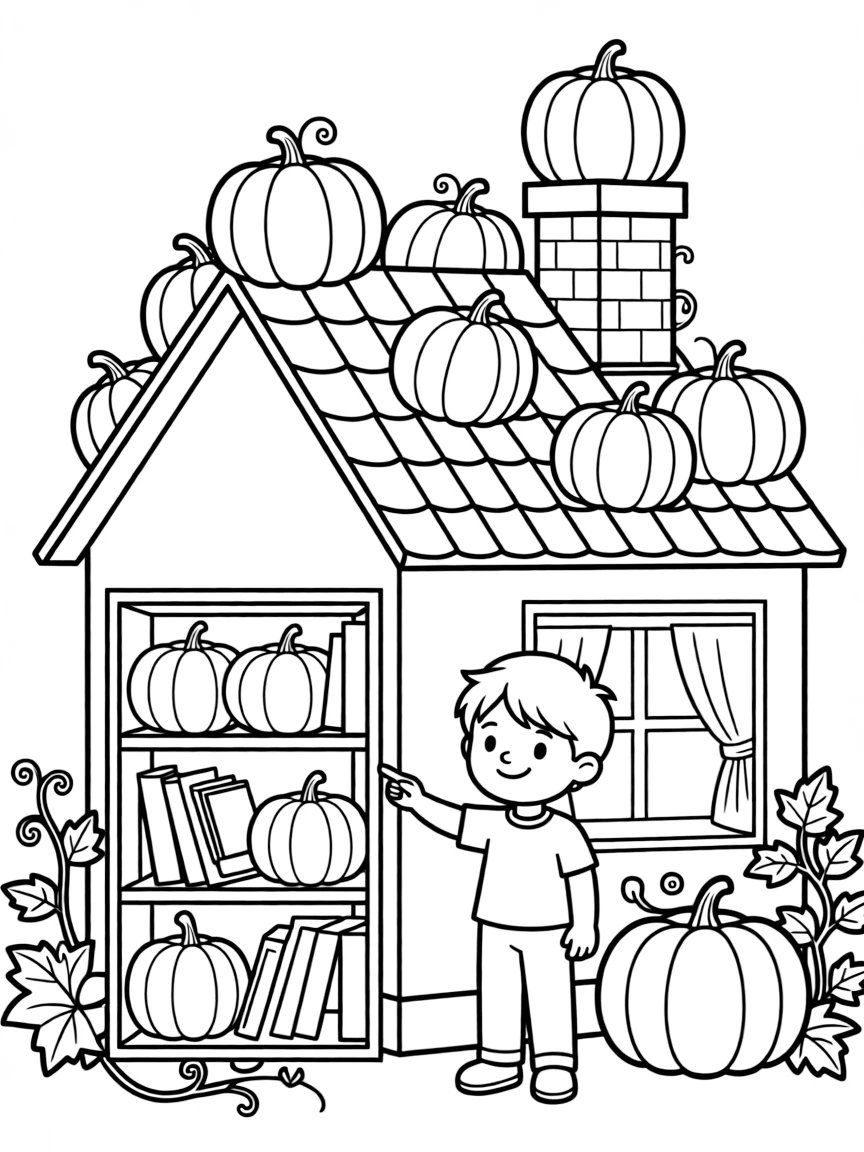 Pumpkins growing in unusual places (rooftops, chimneys, bookshelves)