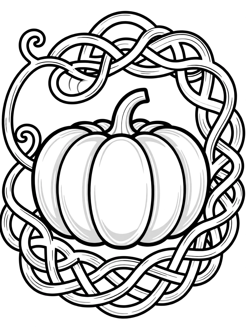 A pumpkin whose vine forms an intricate Celtic knot pattern