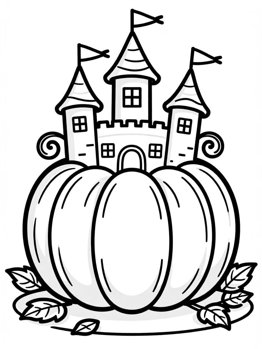 A pumpkin whose top is a castle with tiny windows and flags