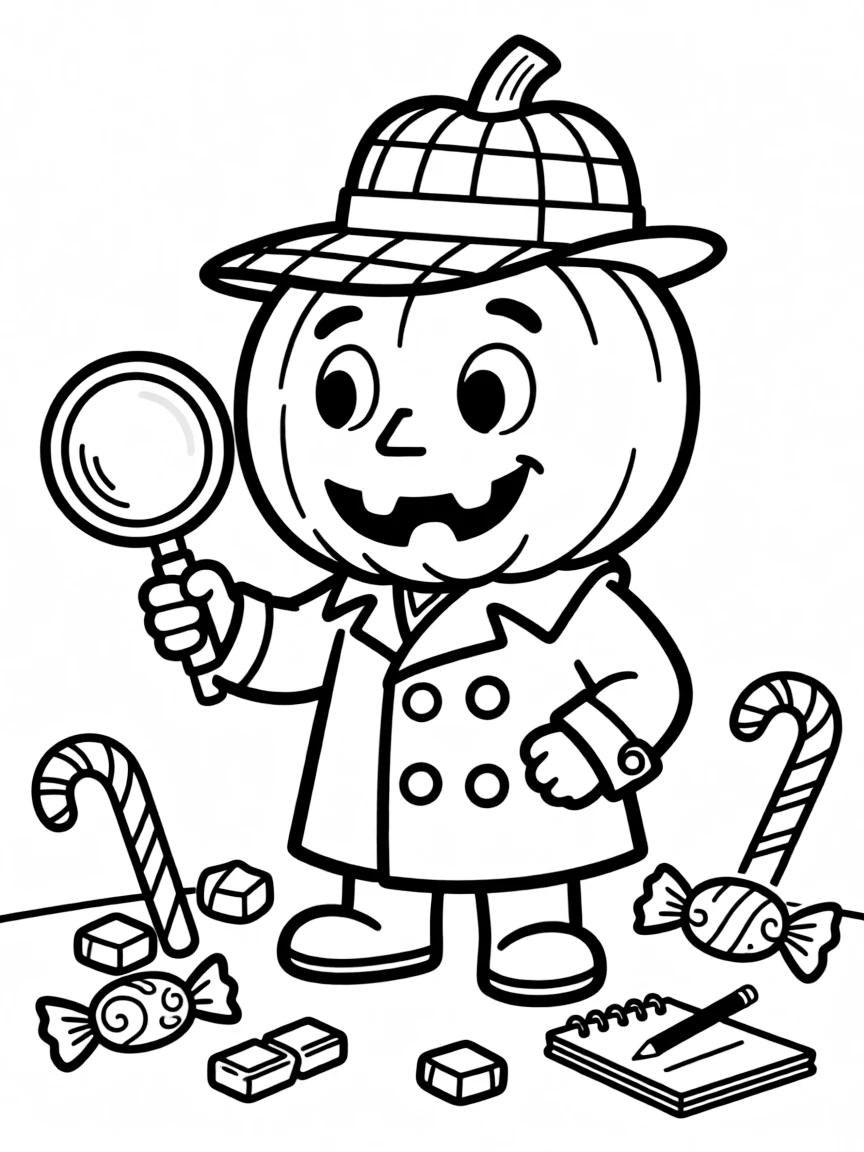 A detective pumpkin investigating a missing candy case