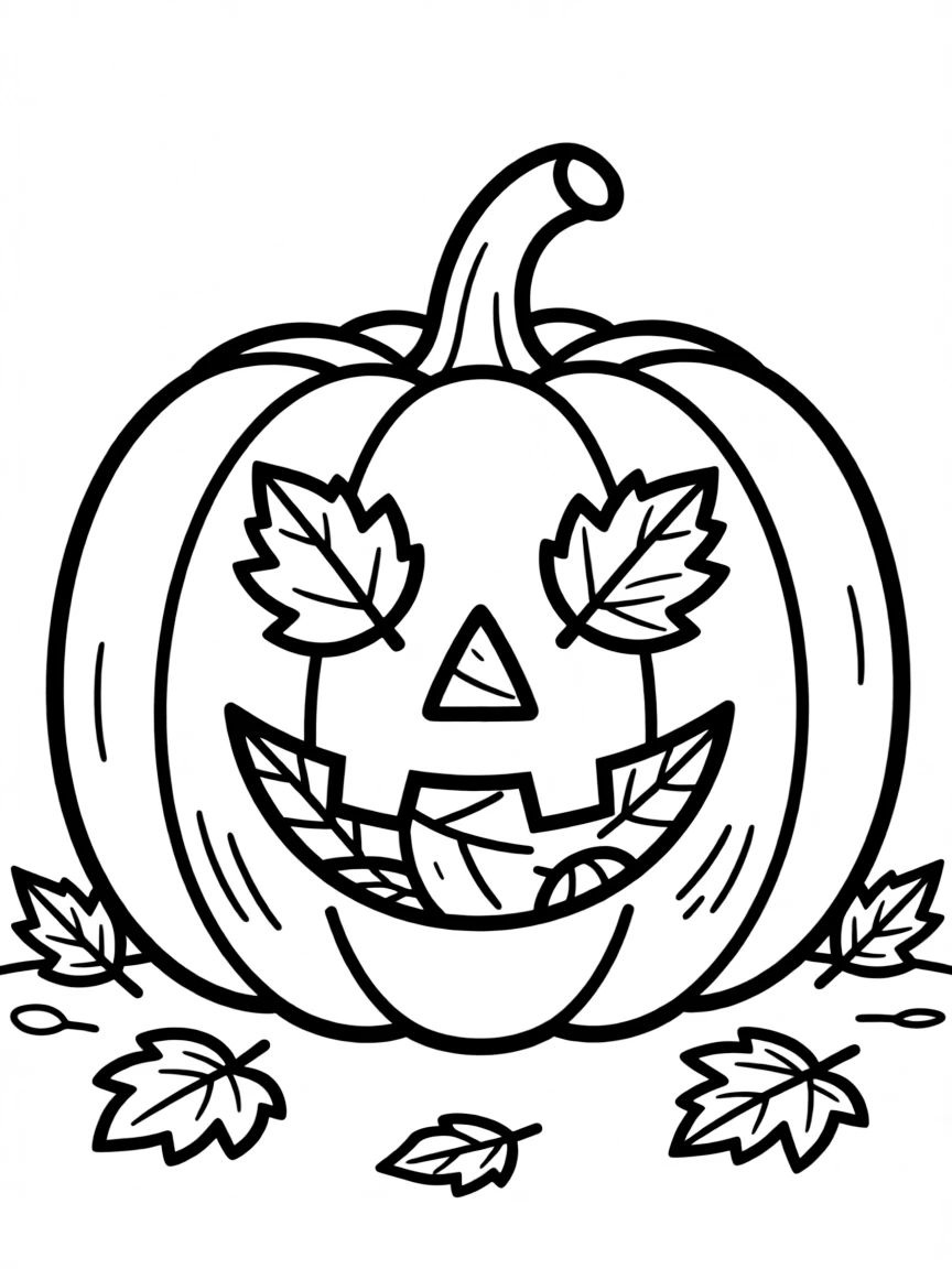 A pumpkin with a face formed by carefully arranged leaves