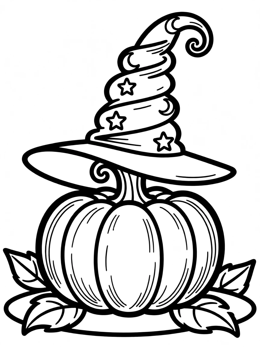 A pumpkin whose stem has grown into a twisted wizard hat