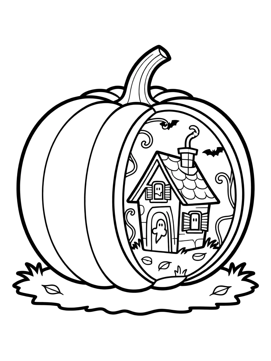 A pumpkin whose inside reveals a tiny haunted house