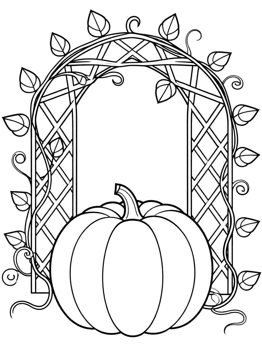 A pumpkin whose vines form a beautiful trellis archway