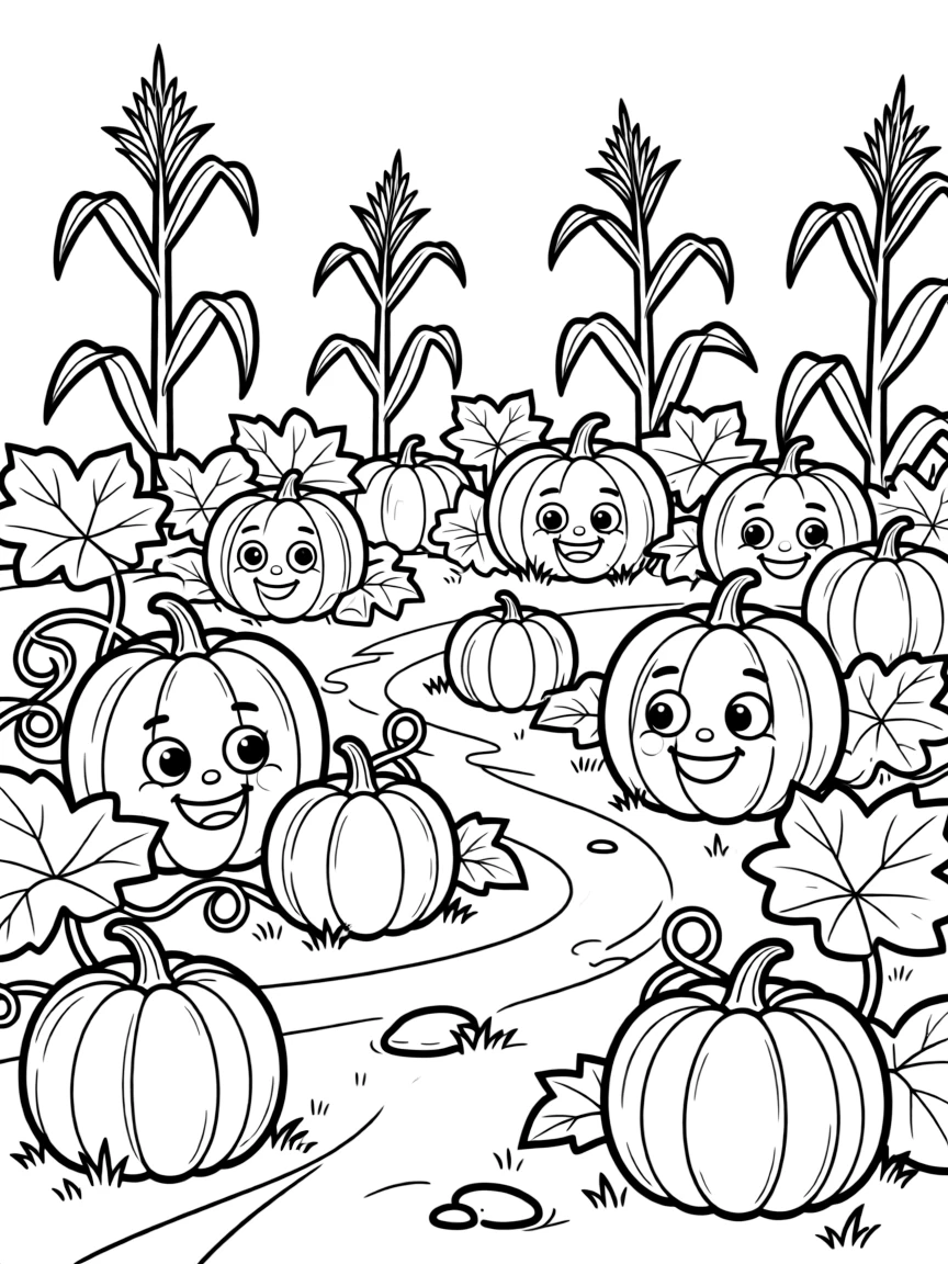 A pumpkin patch with hidden faces among the leaves