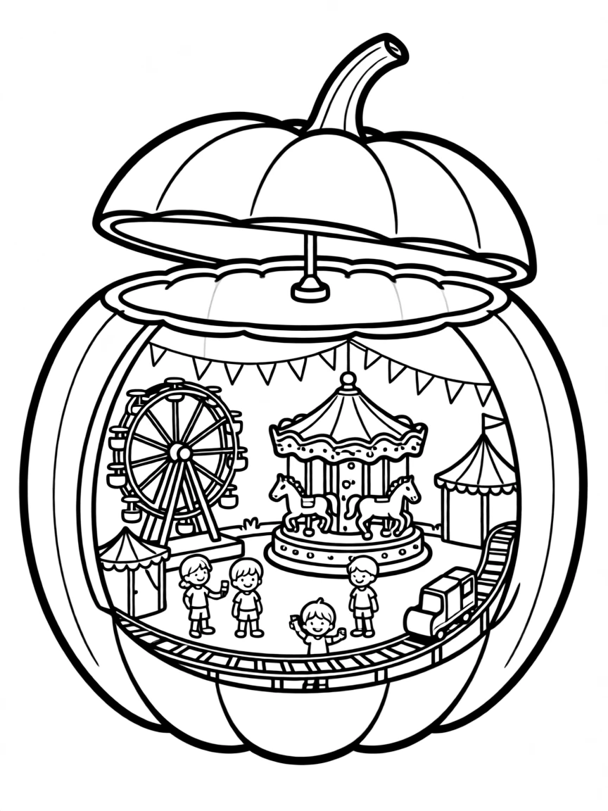 A pumpkin whose interior holds a miniature carnival