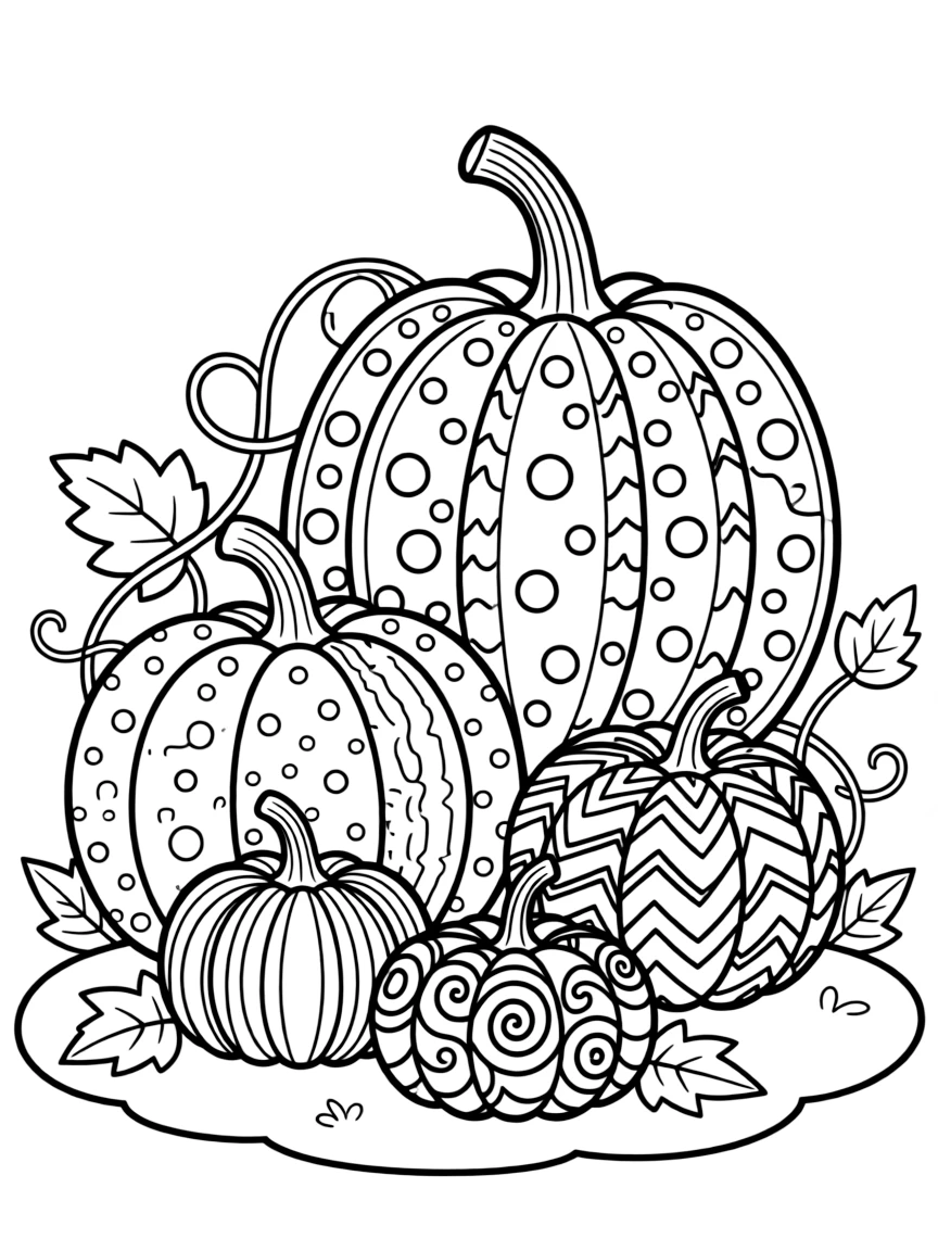 Pumpkins of different colors and patterns (striped, spotted)