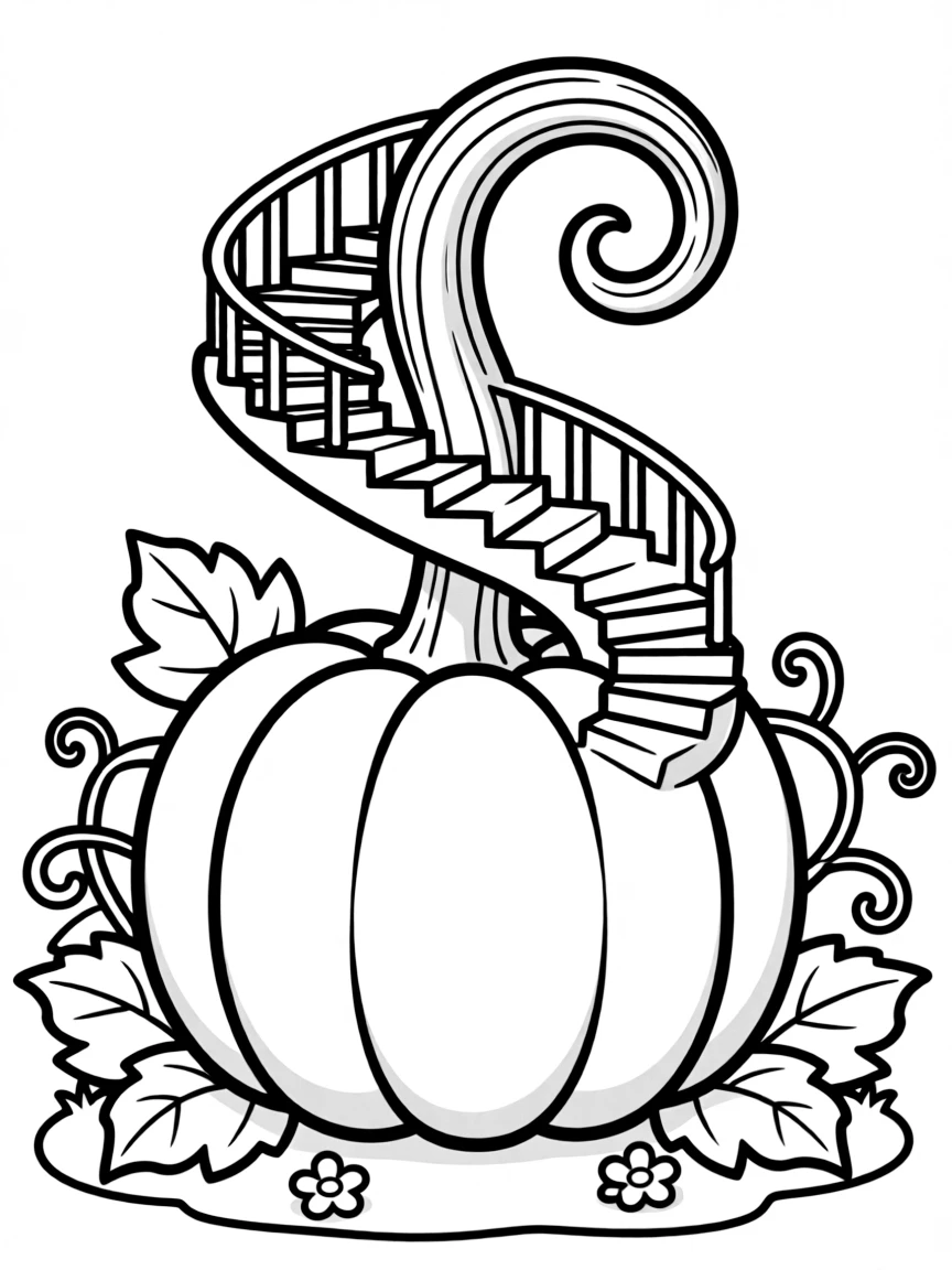 A pumpkin whose stem has grown into a twisting staircase