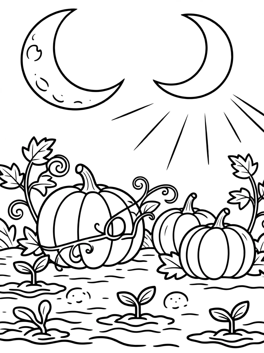 A pumpkin garden where new ones sprout from moonlight