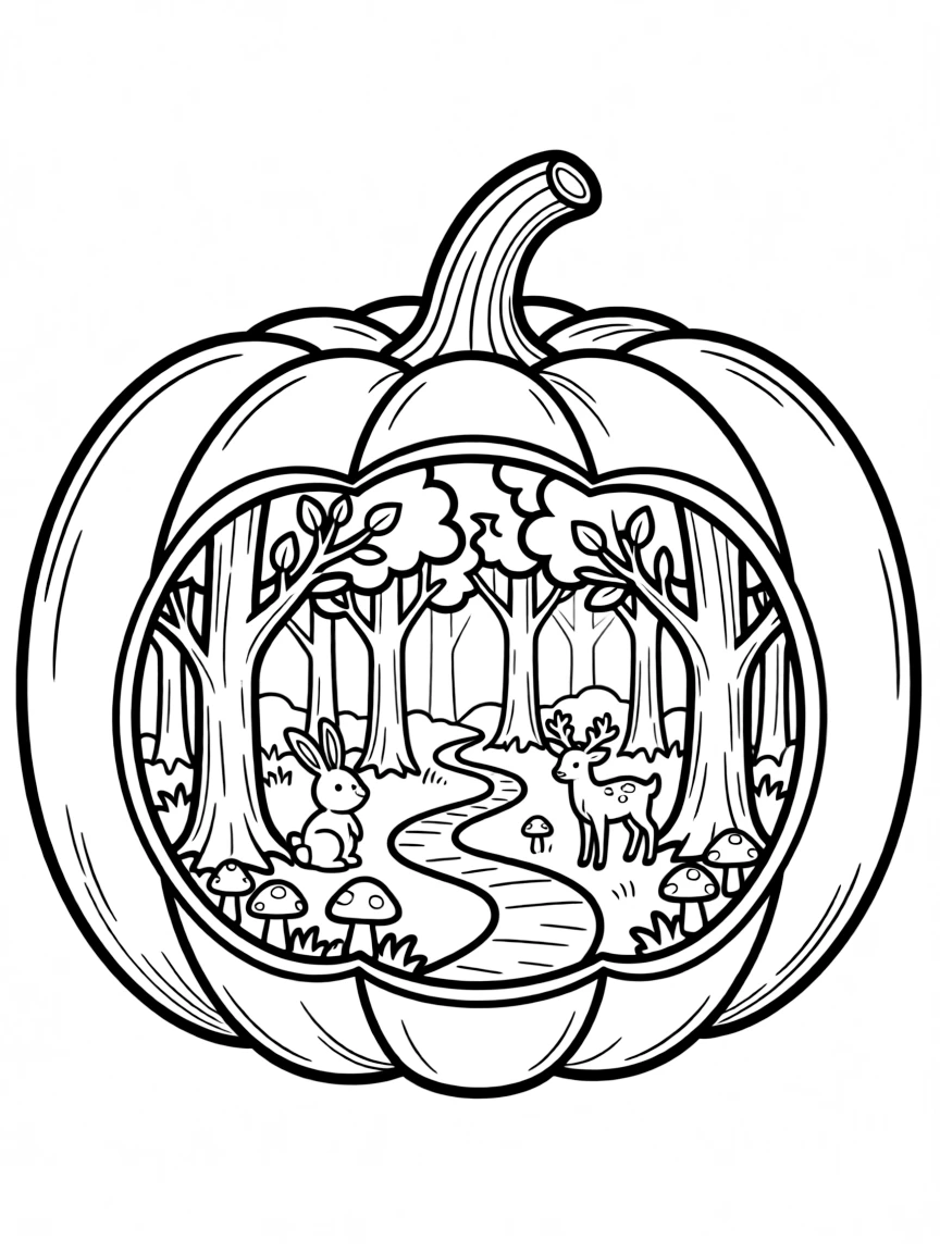 A pumpkin whose interior reveals a magical forest scene