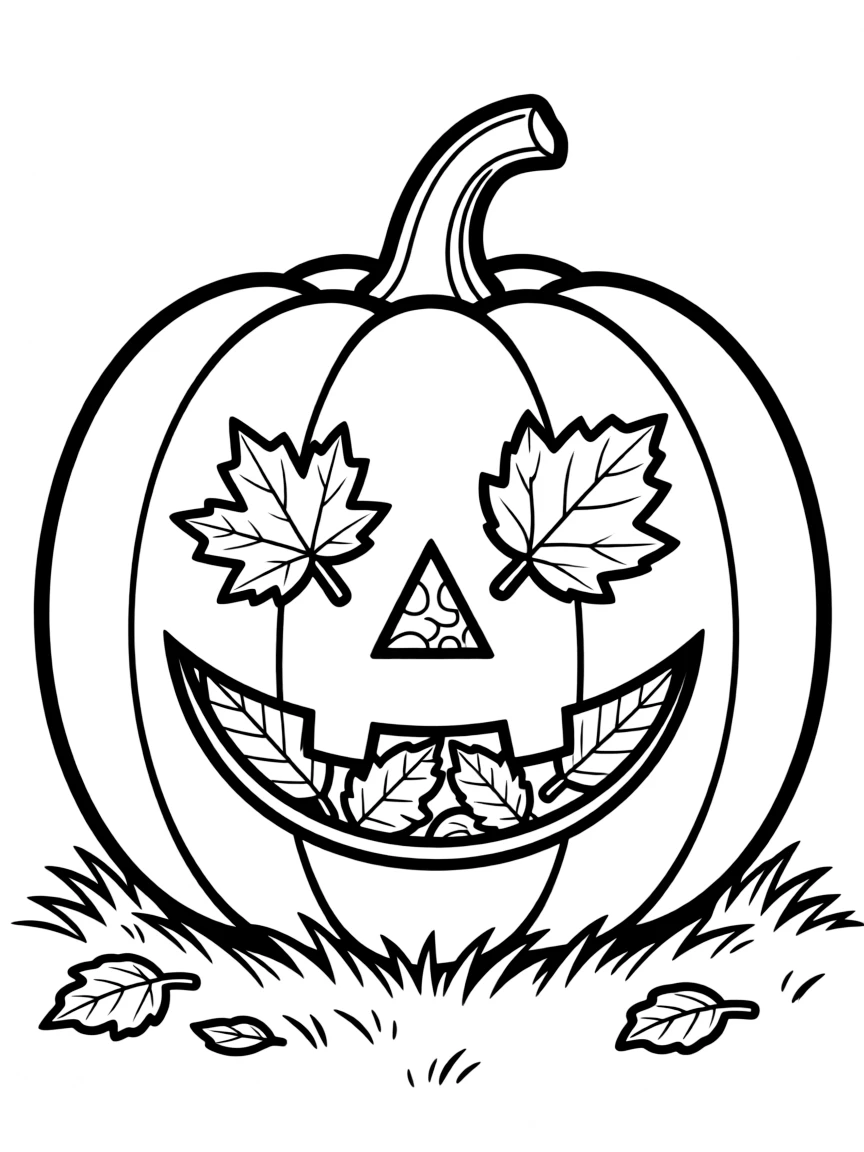 A jack-o'-lantern with a face carved out of autumn leaves