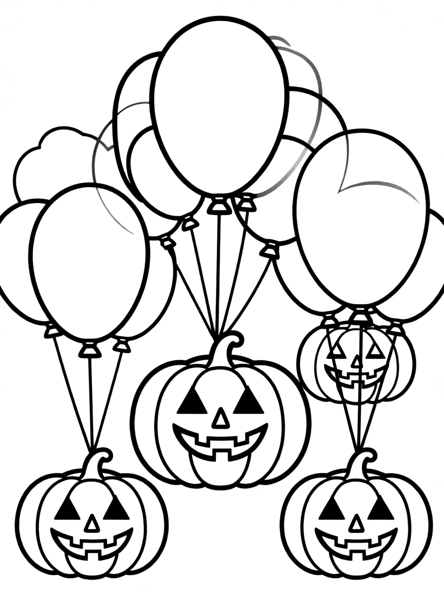Jack-o'-lanterns attached to helium balloons floating upward