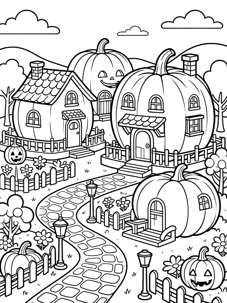 A tiny town built entirely from carved pumpkins