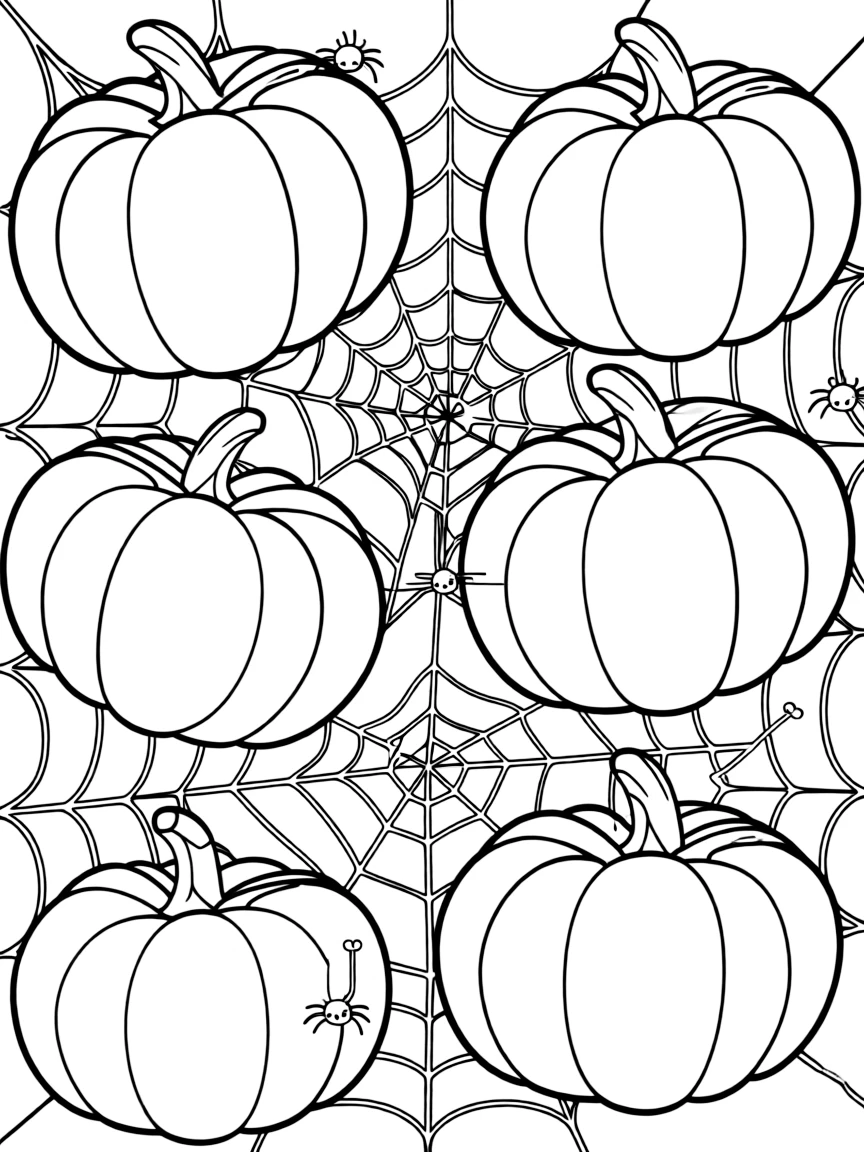 Pumpkins connected by spider web threads in an intricate design