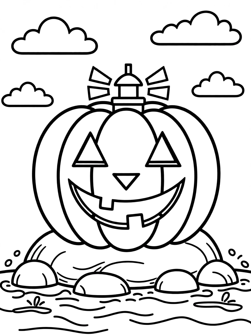 A jack-o'-lantern serving as a lighthouse on a rocky shore