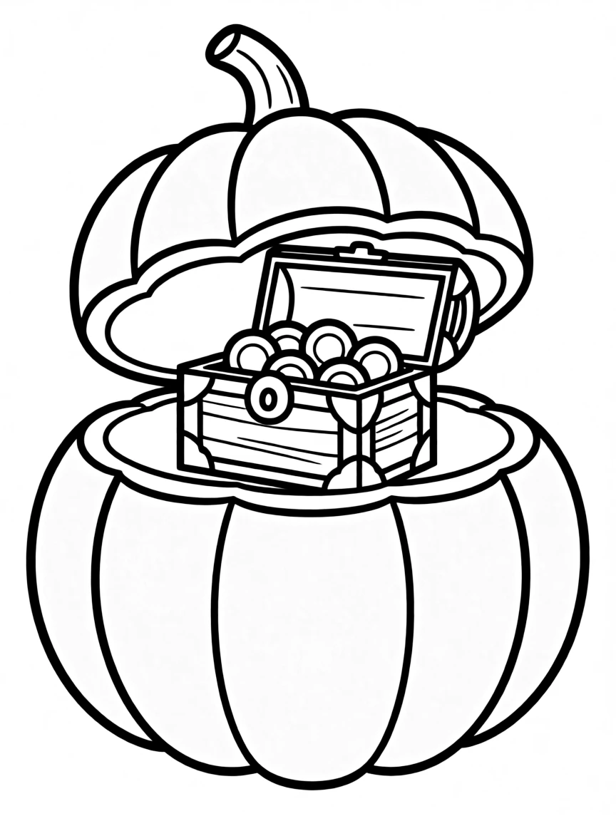 A pumpkin whose interior reveals a miniature treasure chest