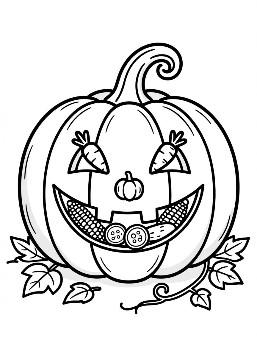 A jack-o'-lantern with a face made of smaller carved vegetables