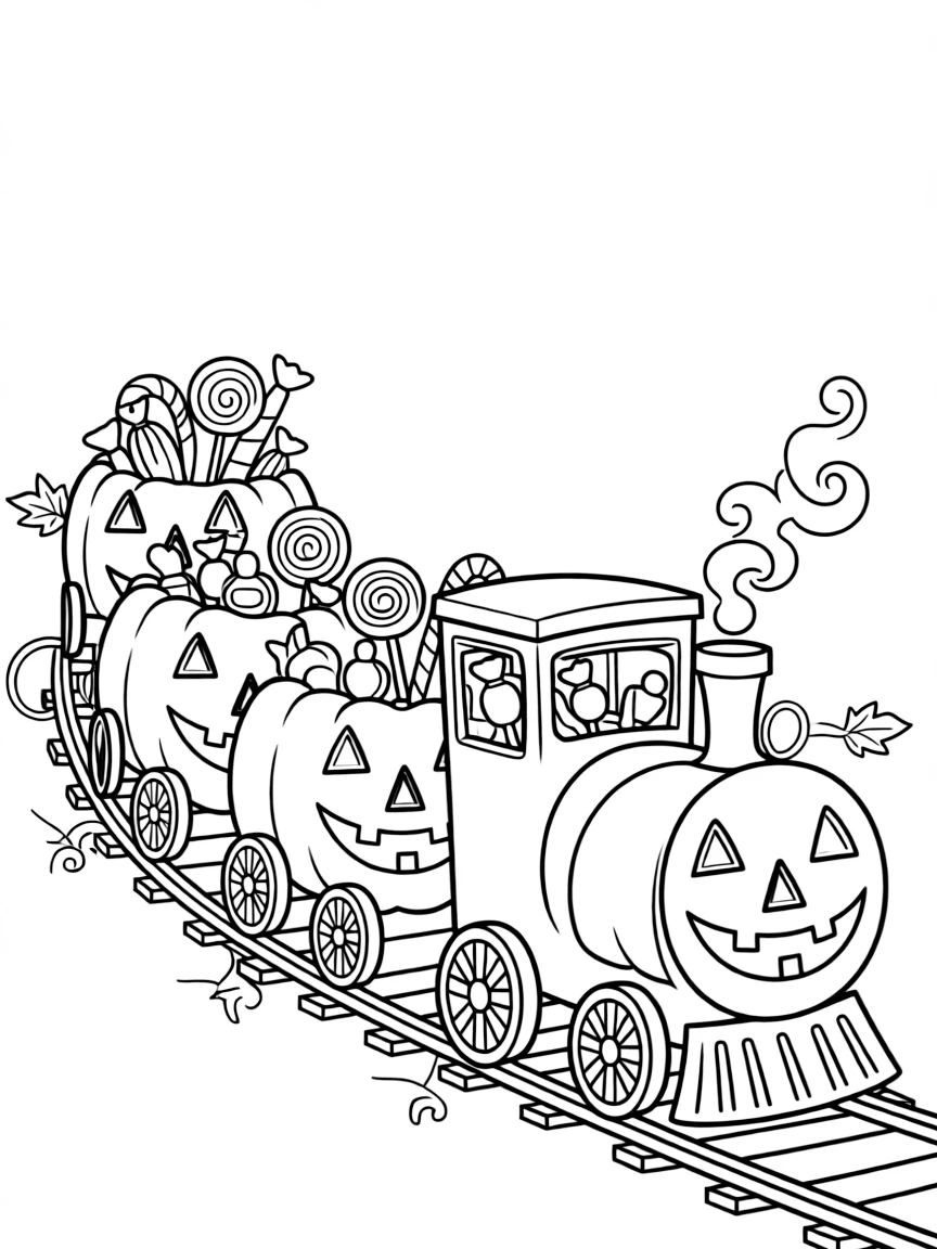 A pumpkin train with jack-o'-lantern cars and candy cargo