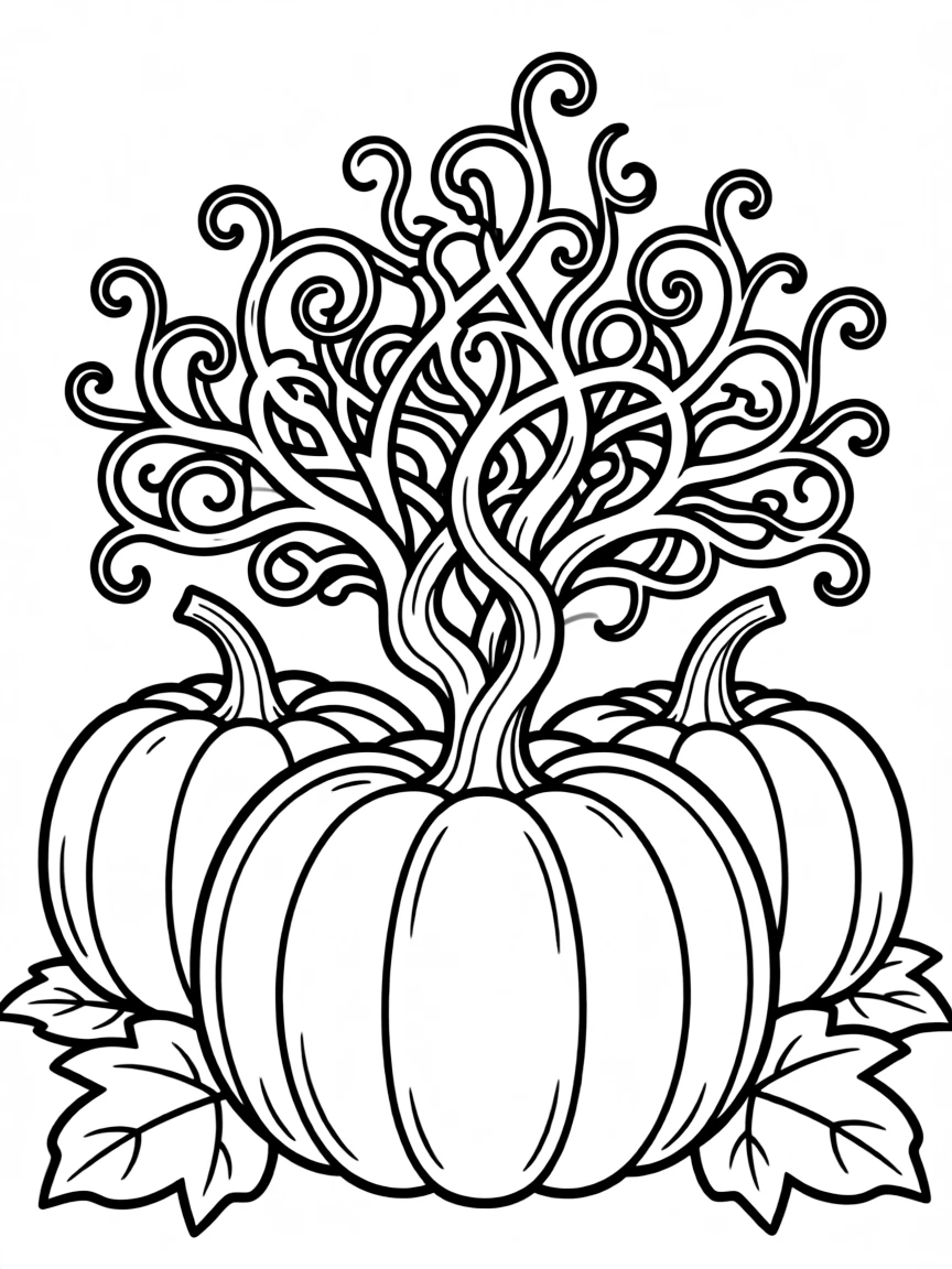 Pumpkins whose stems form a crown of twisted branches