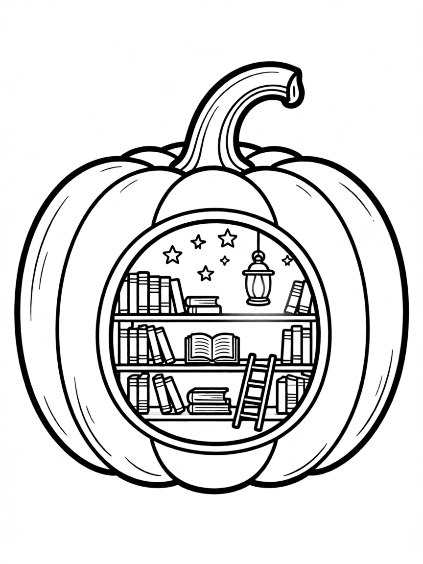 A pumpkin whose inside holds a tiny magical library