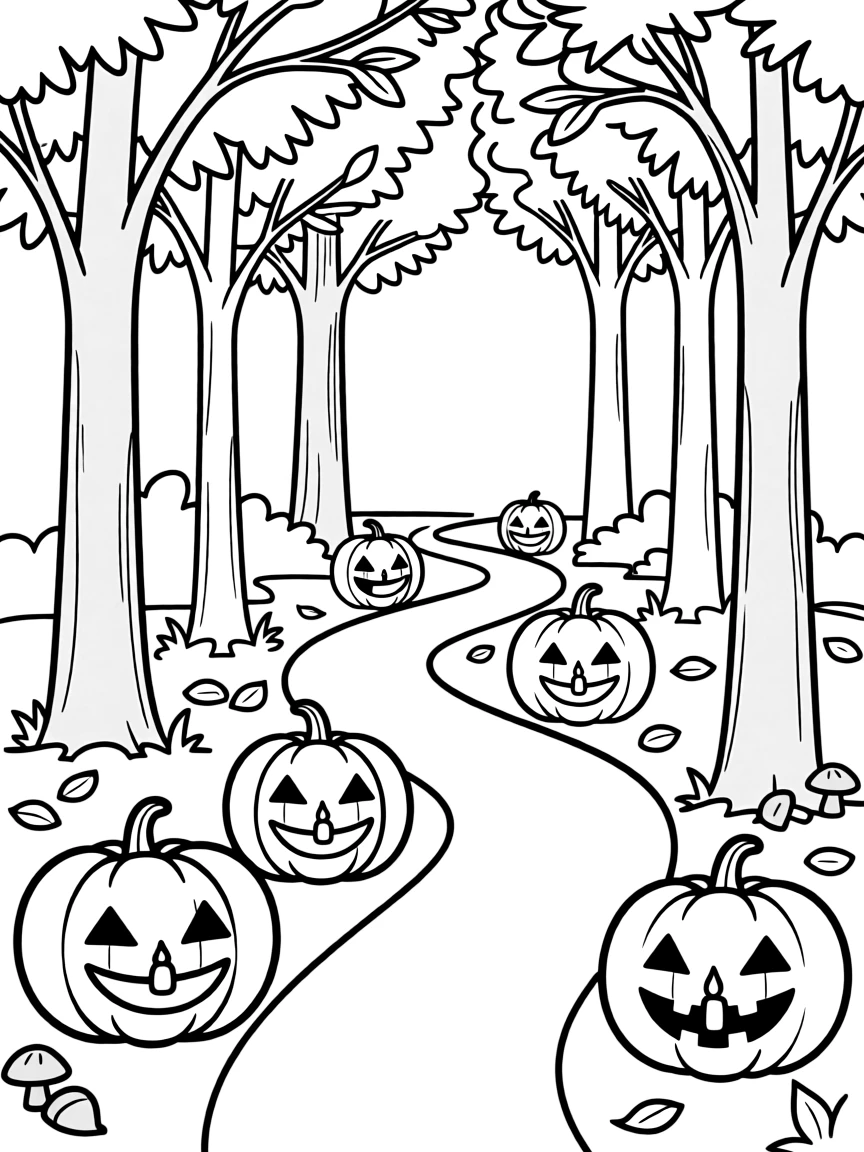 Pumpkins serving as lanterns along a winding forest path