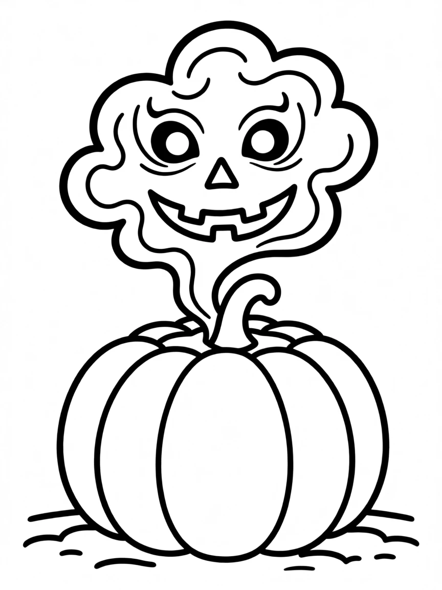 A jack-o'-lantern whose face appears in smoke curling upward