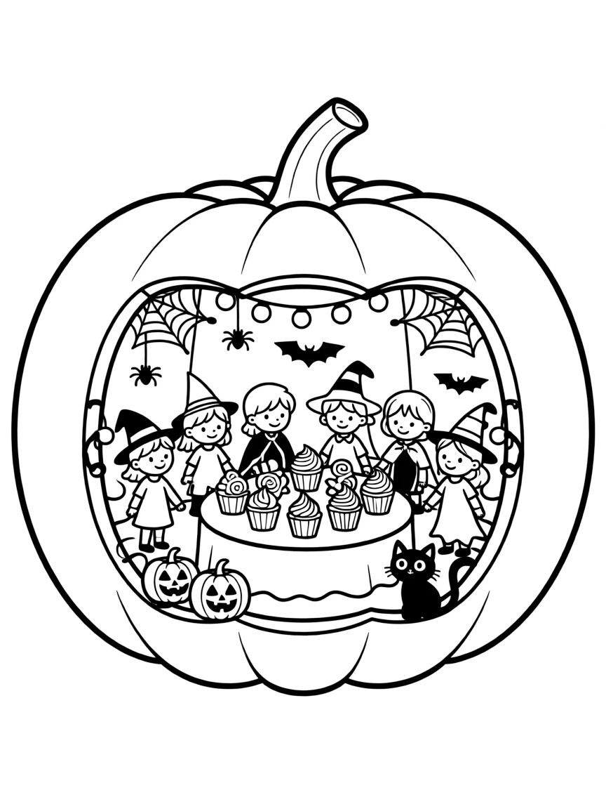 A pumpkin whose inside reveals a miniature Halloween party