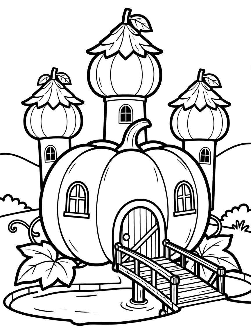 A pumpkin castle with turrets and a drawbridge