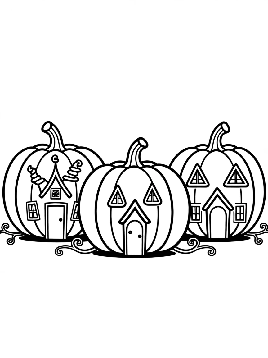 Pumpkins with facades of famous haunted houses carved in