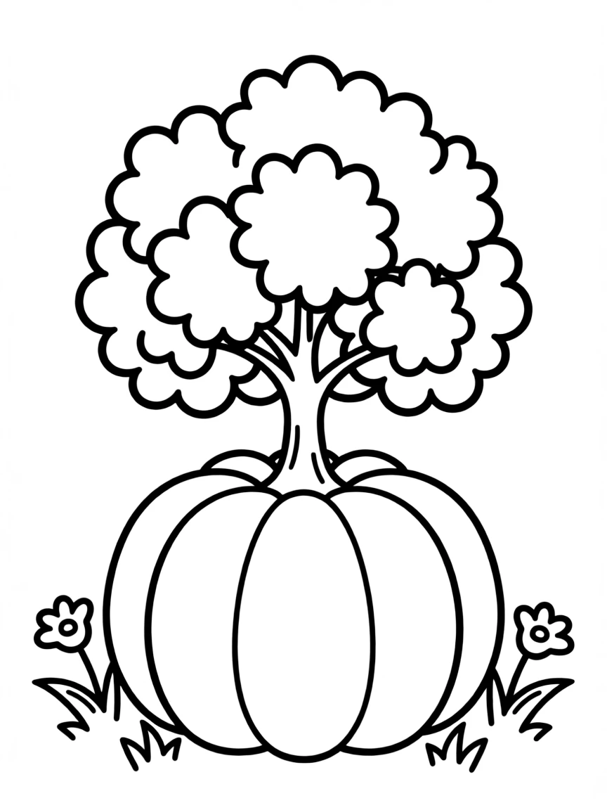 A pumpkin whose stem has grown into an elaborate topiary